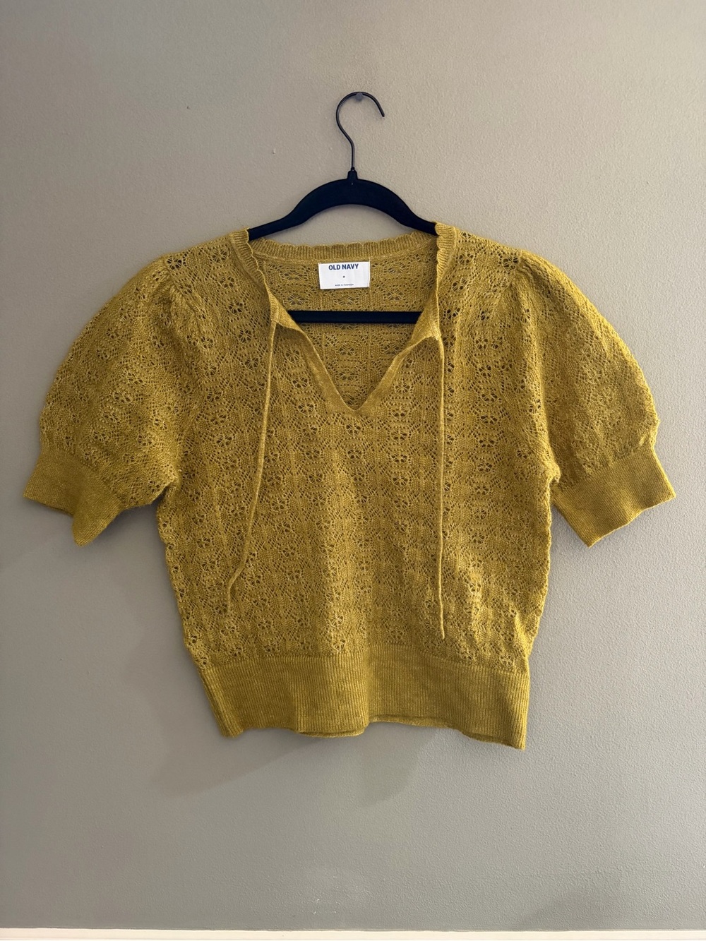 Old Navy Wool Blend Short Sleeve Pointelle Knit Pullover Sweater Top Olive Green
